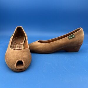 Vntg Bass Women's 7N Suede Brown Wedge Heel Slip On Peep-toe Sandals- Shoes USA